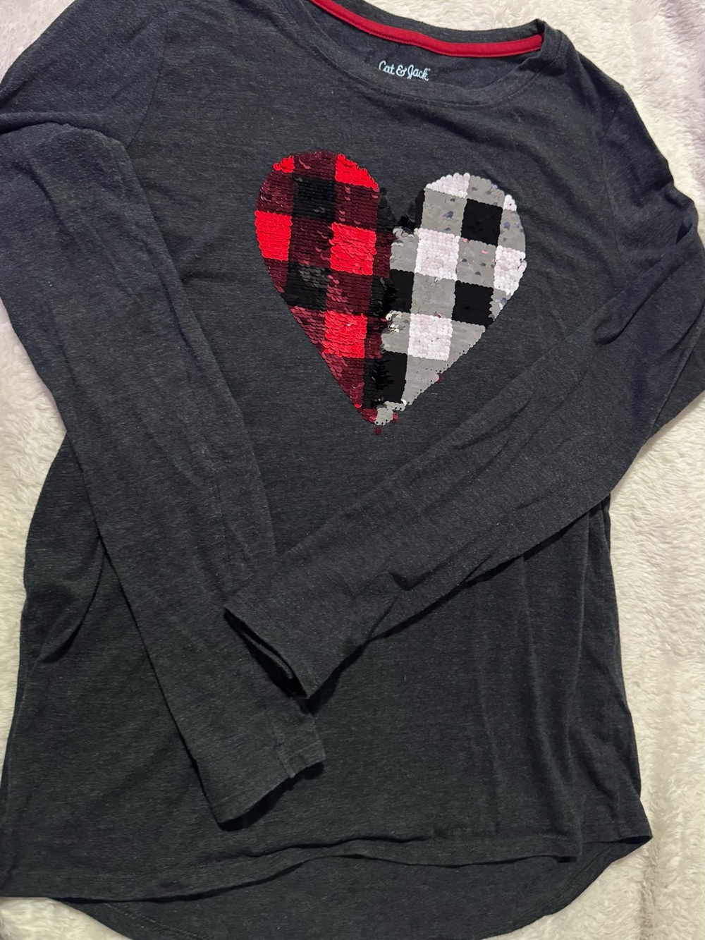 Cat & Jack Charcoal Long Sleeve Tee with Reversible Buffalo Plaid Heart